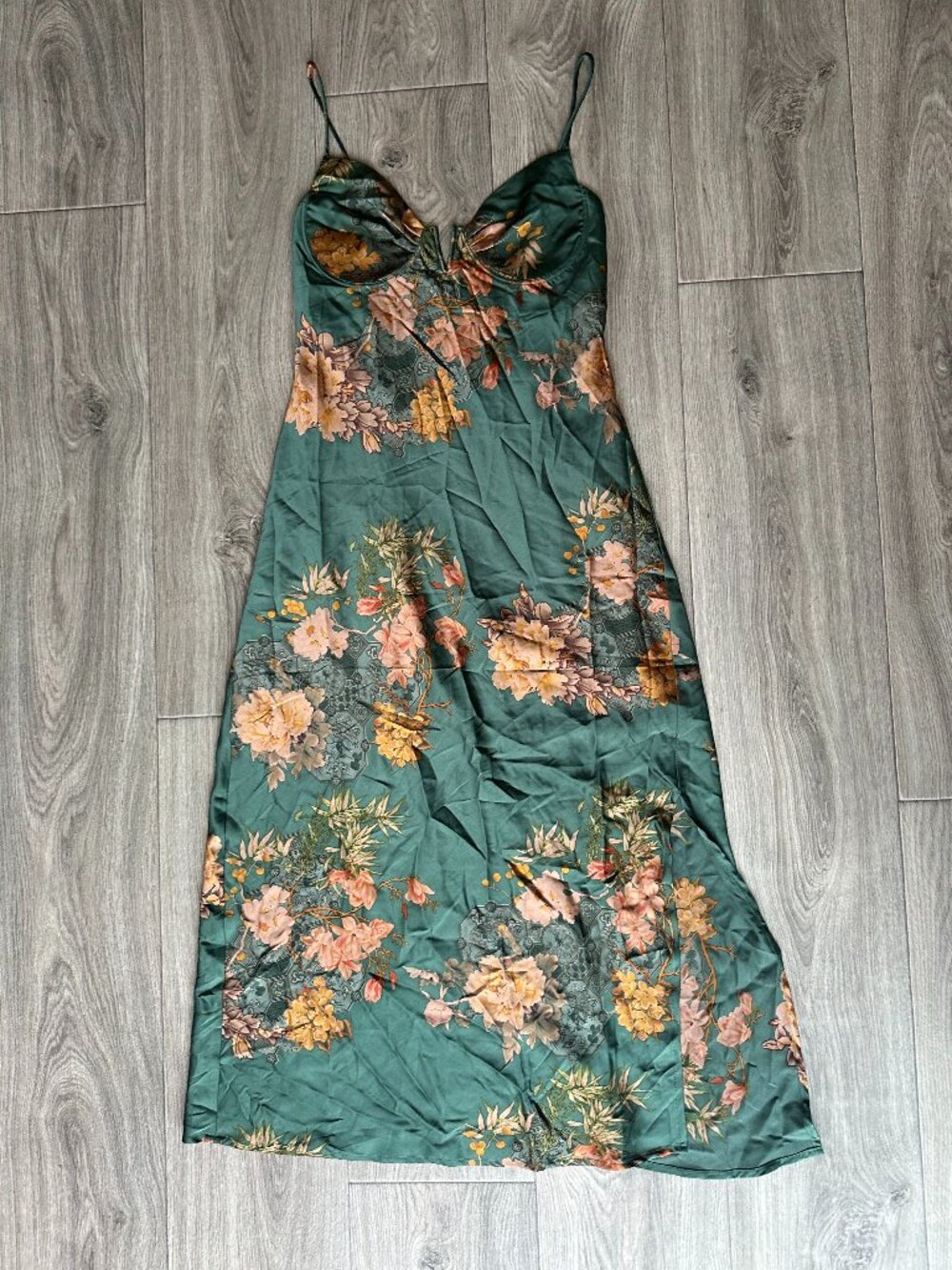 🌿 ACOA Green Floral Satin Bustier Midi Dress Open Tie Back NWT Medium 🌿 - Picture 2 of 7
